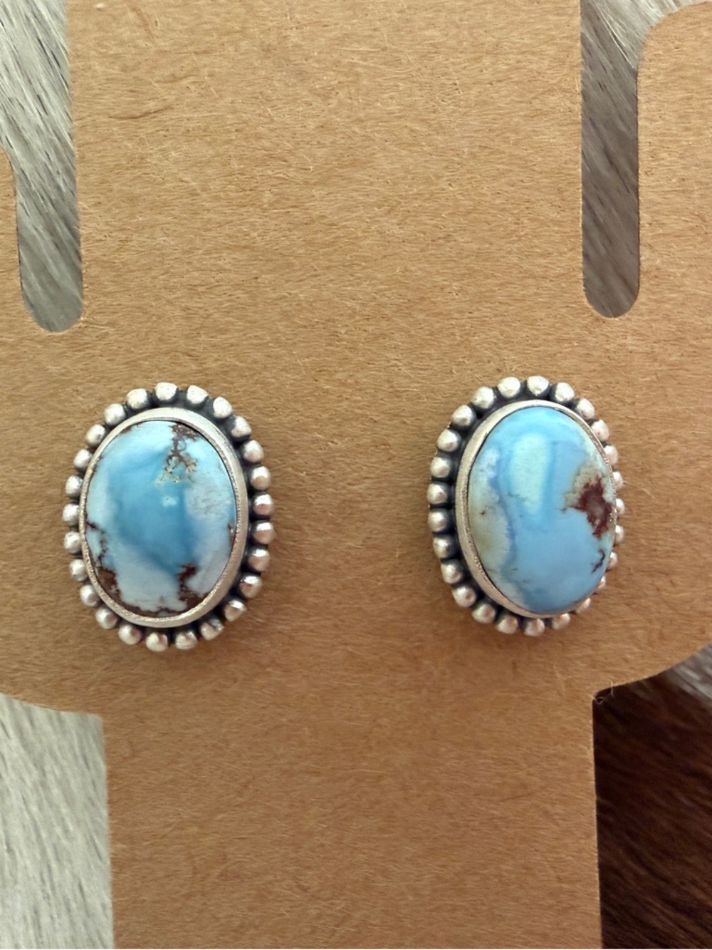❤️ Golden Hills Turquoise Navajo Style Matte Sterling Silver Stud Earrings .52”L - Picture 4 of 16